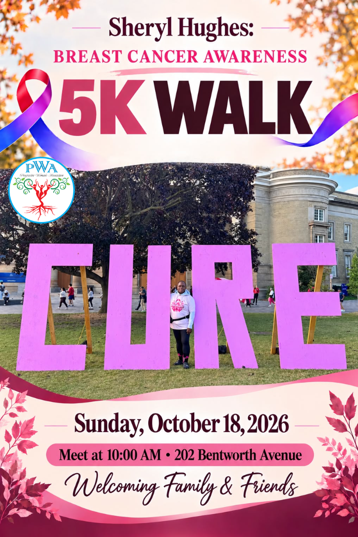 PWA in association with Sheryl Hughes Breast Cancer Awareness 5K Walk flyer with PWA logo — October 18, 2026 at 10 AM, 202 Bentworth Avenue. Family and friends welcome.