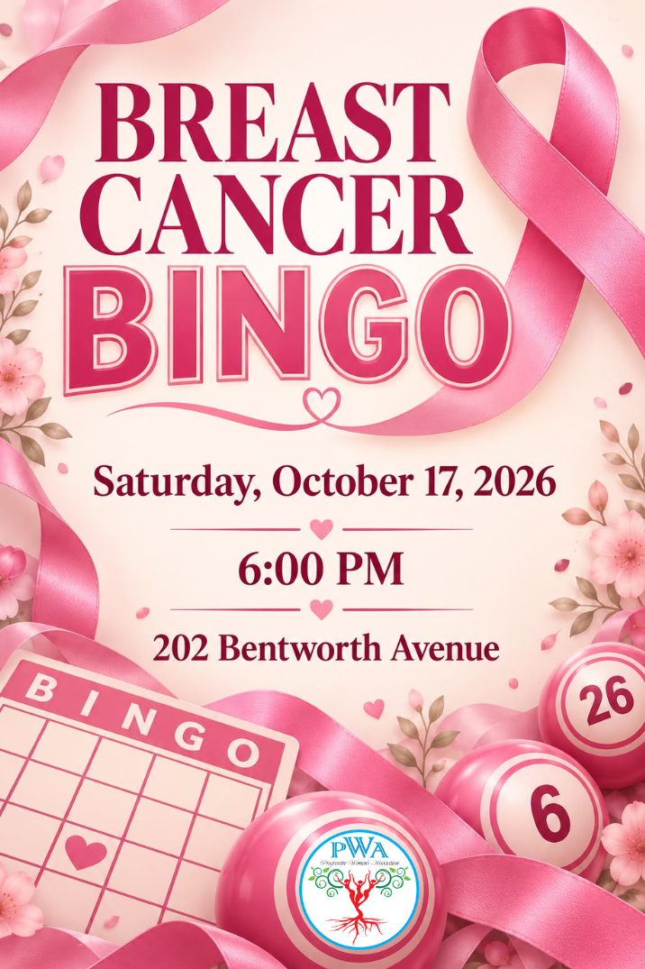PWA Breast Cancer Bingo Night flyer with PWA logo — October 17, 2026 at 6 PM, 202 Bentworth Avenue.