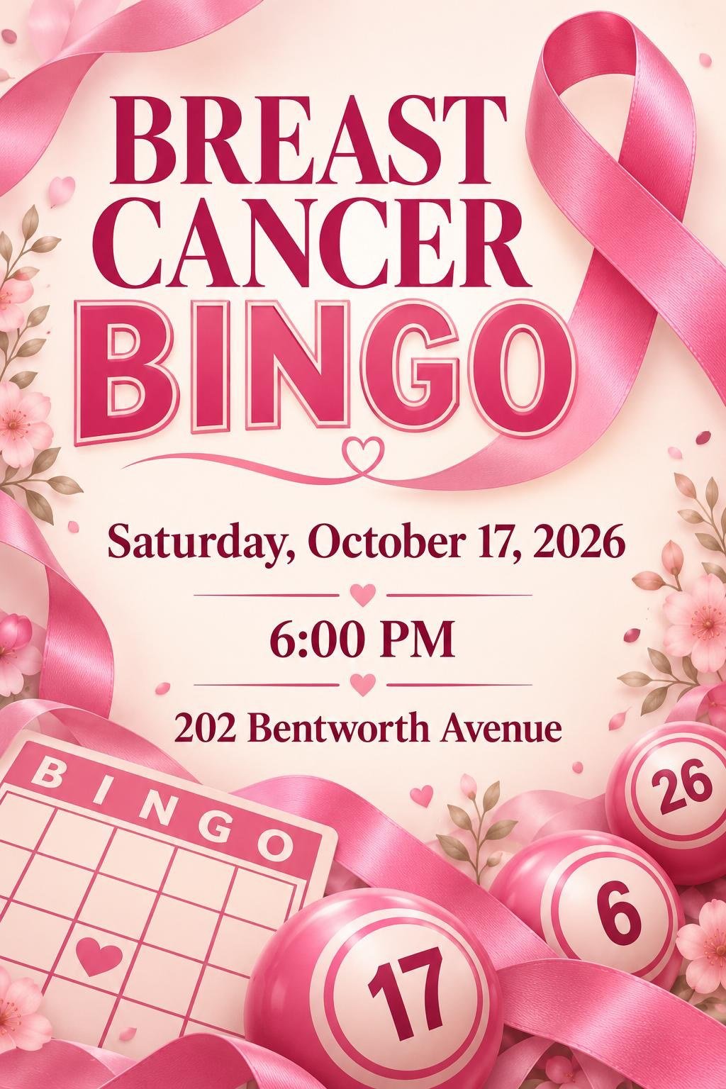 Breast Cancer Bingo flyer — Saturday 17 October 2026, 6:00 p.m., 202 Bentworth Avenue