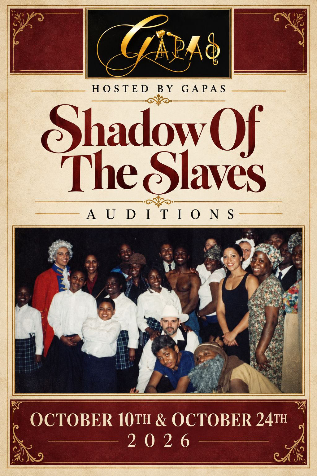 Shadow of the Slaves auditions flyer — October 10 and October 24, 2026. Next audition: October 24 at 5 PM in the Boardroom.