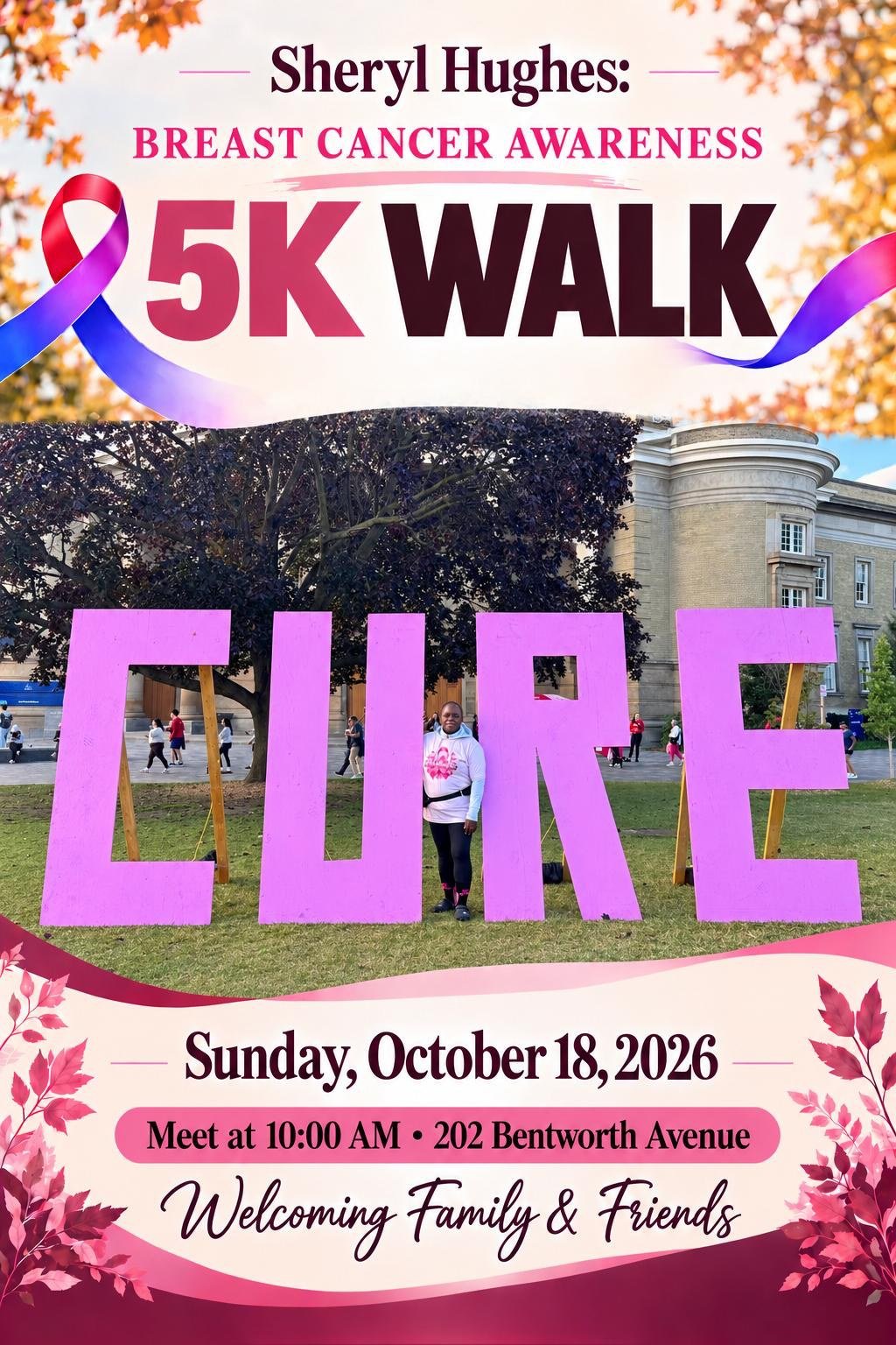 Sheryl Hughes Breast Cancer Awareness 5K Walk flyer — Sunday 18 October 2026, meet at 10:00 a.m., 202 Bentworth Avenue